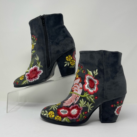 Rebels Boots Womens 36 5.5-6 Histaria Grey Velvet Bird Embroidered Ankle Booties - Picture 5 of 8